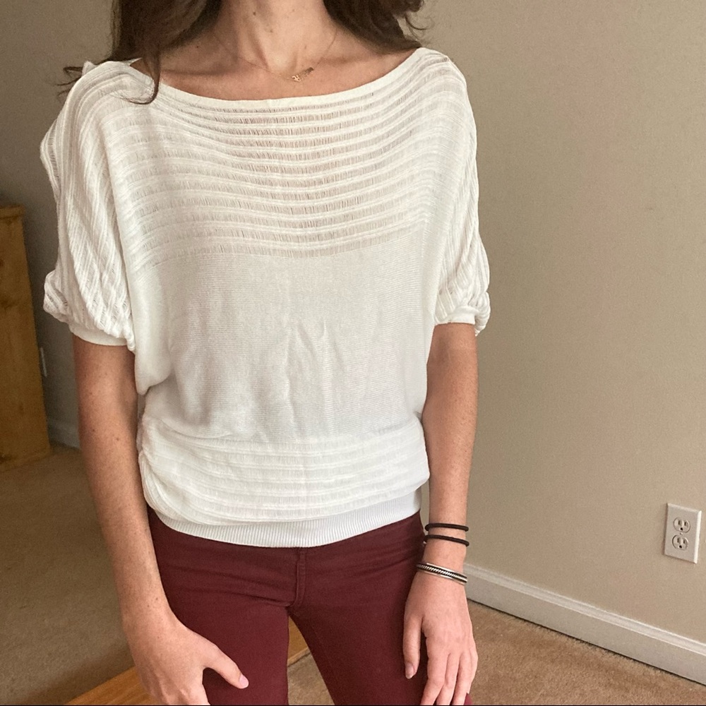 White wide neck knit top